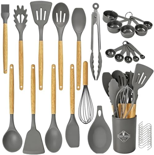 33 Pcs Silicone Kitchen Cooking Utensils Set, Wood Handle & Holder