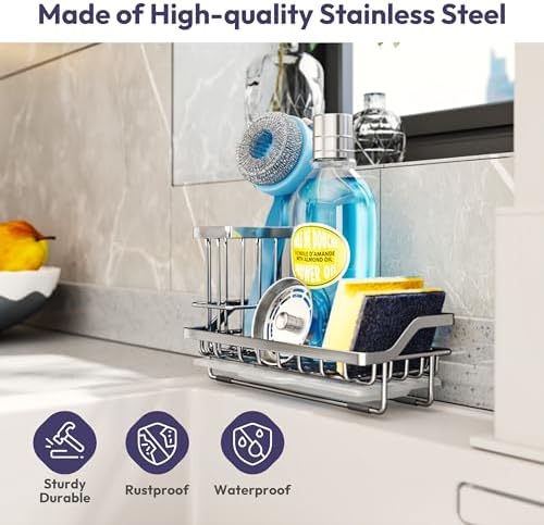 SWTYMIKI Kitchen Sink Caddy Sponge Holder, Kitchen Sink Organzier and Storage with High Brush Holder and Drip Tray for Dish Sponges, Silver