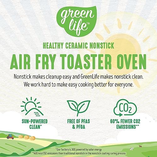 GreenLife Countertop Toaster Oven Air Fryer Stainless Steel, Healthy Ceramic Nonstick, PFAS Free, Tray & Basket, Bake, Broil, Reheat, Adjustable Temp & Time Control, Auto Shutoff, Turquoise