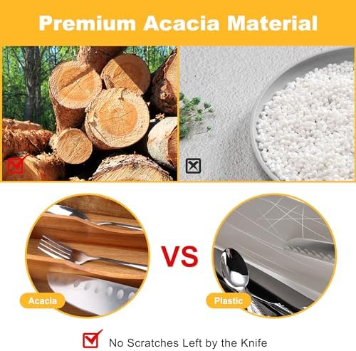 Kitchen Acacia Silverware Organizer - Extra Deep Grooved Drawer Divider, 7 Slot Utensil Organizer