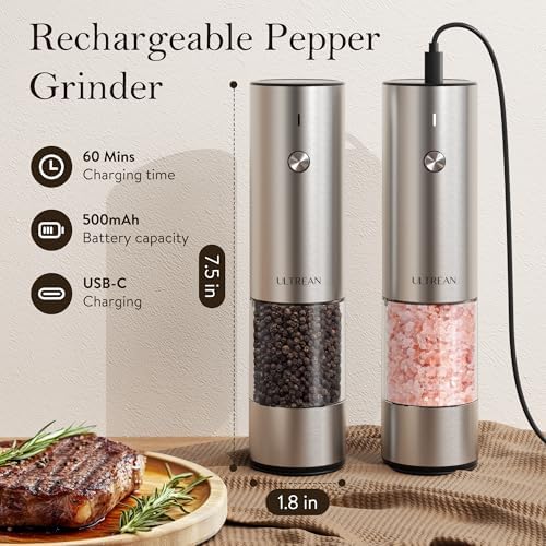 Ultrean Electric Salt and Pepper Grinder Set, Rechargeable,Stainless Steel