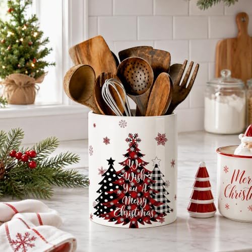 Christmas Tree Ceramic Utensil Crock, Farmhouse Xmas Kitchen Utensil Holder, Holiday Countertop Storage Organizer, Christmas Decor for Spatulas & Baking Gadgets, We Wish You A Merry Xmas