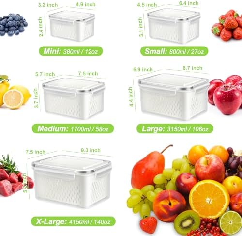 10 Pieces Fruit Storage Container for Fridge,with Removable Colander