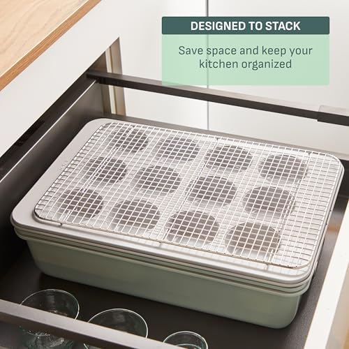 T-fal Refresh Ceramic Nonstick Baking Pans Set (8 Pc), Roaster, 12-Cup for Muffins, Loaf Trays, Baking Sheets Non Stick, Cooling Cooking Rack, Stackable Bakeware Set, Mint Green