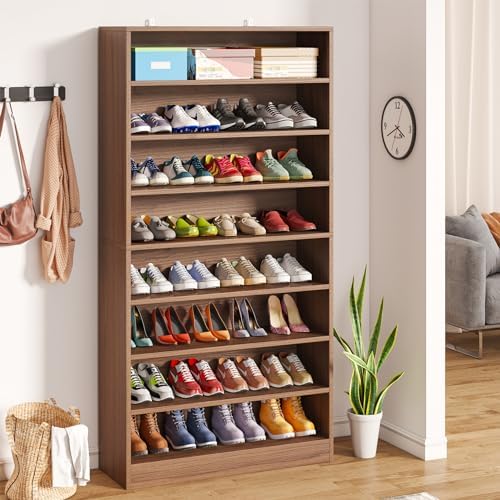 Tribesigns Tall Shoe Cabinet, 9 Tiers 40-45 Pairs Heavy Duty Wood Freestanding Shoe Storage Cabinet, 70.8'' Tall Shoe Cabinet with Open Storage for Entryway (1, Brown)