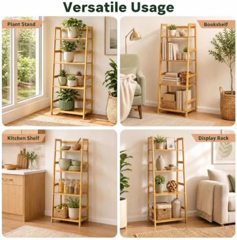 COSTWAY 44" Bamboo Ladder Shelf, Multifunctional Plant Flower Display Stand
