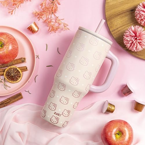Zak Designs Sanrio Sutton Travel Tumbler for On the Go or At Home, 40oz Stainless Steel with Vacuum Insulation, Silicone Straw, and Carry Handle for Cold Drinks (Hello Kitty)