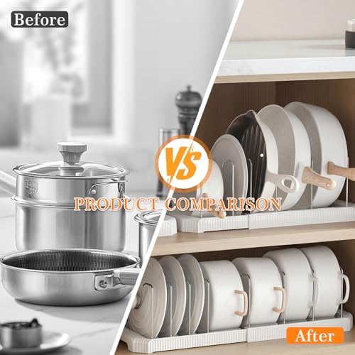 1 Pack Expandable Pots and Pans Organizer Under Cabinet, 13-22" Kitchen Cabinet Organizer with 10 Adjustable Dividers and 10Pcs Pot Protectors for Lids, Baking Sheets & Cookware (1, White)