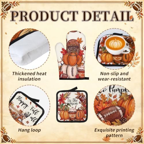 Fanfanwin 10 Pcs Fall Pumpkin Kitchen Decor Set Kitchen Towels Pot Holders Oven Mitts and Rugs Set Thanksgiving Towels for Baking Cooking BBQ Autumn Home(Football,Dark Orange,10)