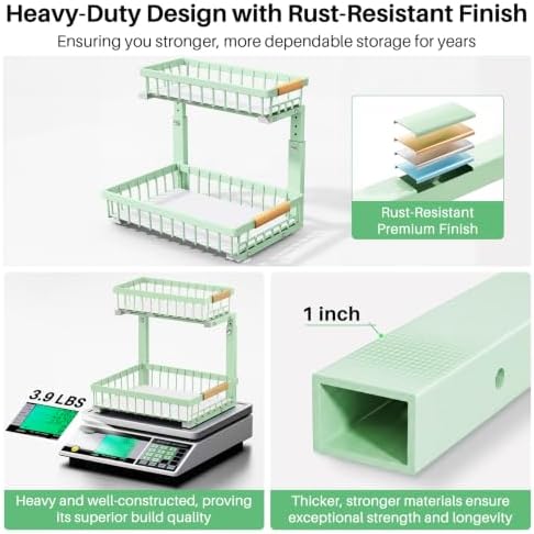 Kitstorack Under Sink Organizer, 2 Tier Under the Sink Storage, Slide out Pull out Cabinet Organizer Shelf, Metal Sliding Drawer for Kitchen Bathroom Pantry Closet Organization Rack, Green, 2 Pack