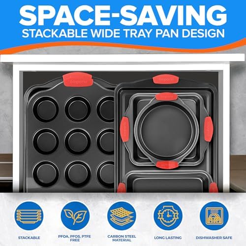 Emporio Kitchen Baking Pan Set - Nonstick Coating, Carbon Steel Bakeware Set with Red Silicone Handles, PFOA, PFOS, PTFE Free, Recipe Booklet Included, Oven Safe Tray (Up To 450° F), Set of 8 - Black