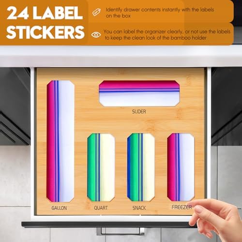 Bamboo Ziplock Bag Organizer for Kitchen Drawer, Food Storage Baggie Holder with 24 Label Stickers, Fits Gallon Quart Sandwich Snack Freezer & Slider Bags, No Assembly, Wall Mount or Drawer
