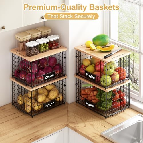2-Pack Stackable Wire Baskets with 2 Pads & Bamboo Top, Pantry Organizer