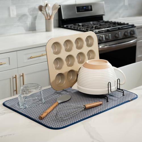 S&T INC. Dish Drying Mat, 18" x 24", XL, Blue Stockinette
