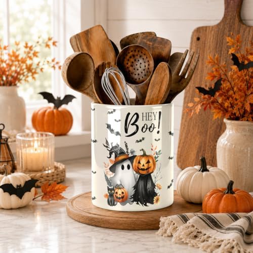 Halloween Cute Ghost Kitchen Utensil Holder, Pumpkin Talavera Large Ceramic Utensil Holder For Countertop Organizer, Summer 6.3'' Cooking Utensil Crocks Scarry Decor Utensil Storage Cup for Kitchen