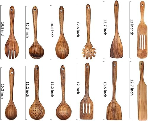 Wooden Spoons for Cooking,12 Pack Wooden Utensils for Cooking Wooden Cooking Utensils Wooden Kitchen Utensils Set Natural Teak Wooden Spatulas for Cooking