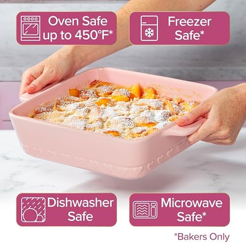 Paris Hilton 3-Piece Ceramic Baker Set, Iconic Stoneware with Square & Heart Bakers and Spoon Rest, Microwave/Oven/Freezer Safe, Durable Bakeware for Everyday Cooking & Serving, Pink