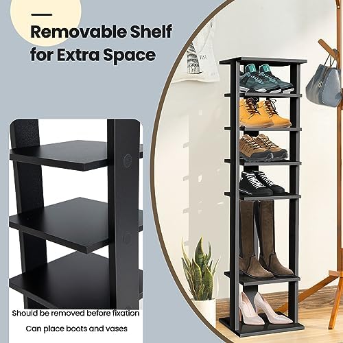 COSTWAY 8-Tier Vertical Shoe Rack, Tall Narrow Shoe Storage Organizer with Removable Shelf for Boots, Anti-Tipping Kit, Space-Saving Shoe Stand with for Small Place, Entryway (Black)