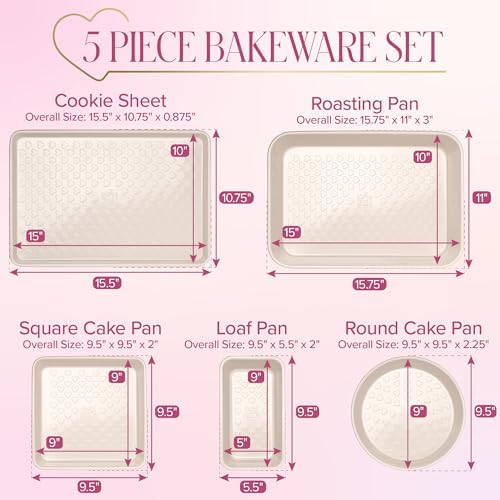 Paris Hilton 5-Piece Baking Pans Set, Nonstick Heart Pattern Bakeware Set with Heavy Duty Carbon Steel, Includes Square Pan, Round Pan, Loaf Pan, Roasting Pan & Cookie Sheet, 5-Piece, Pink
