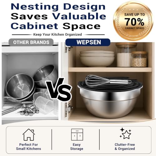 WEPSEN Mixing Bowls Set, 25PCS Stainless Steel Mixing Bowl with Lid Set, Large Nesting Bowls 7, 4.5, 3,2, 1.5QT, Measuring Cups and Spoons Baking Utensils Metal Bowl for Kitchen Prep