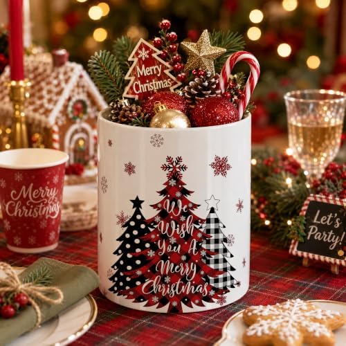 Christmas Tree Ceramic Utensil Crock, Farmhouse Xmas Kitchen Utensil Holder, Holiday Countertop Storage Organizer, Christmas Decor for Spatulas & Baking Gadgets, We Wish You A Merry Xmas