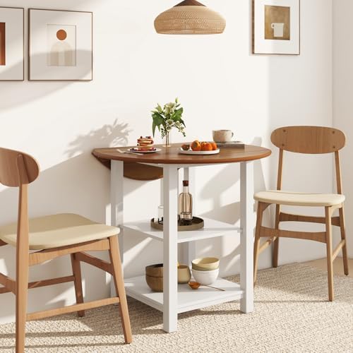 COSTWAY Folding Round Dining Table, Drop Leaf Table with 2 Shelves for Small Spaces, Foldable Office Table with 2-Layer Storage Rack, Versatile Console Table for Living Room, Dining Room, Kitchen