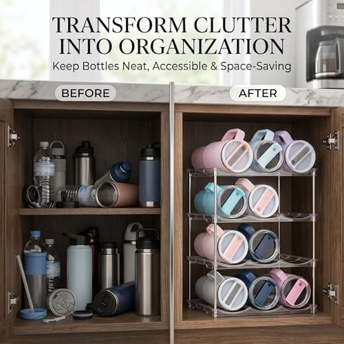 Stackable Water Bottle Organizer 4 Tier Holds 16 Bottles, Storage Rack for Stanley 40oz Cups & Tumblers, Water Bottle Organizer Cabinet Holder for Kitchen, Pantry, Fridge, Shaker Bottle Storage Rack