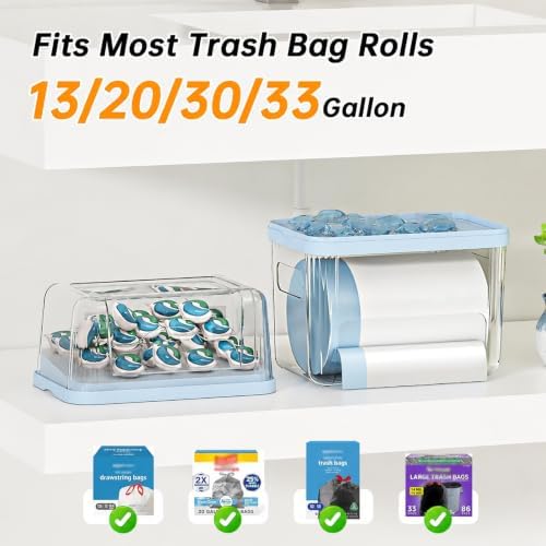 2-in-1 Trash Bag Holder Laundry & Dishwasher Pods Container,Garbage Bag Dispenser with Removable Lids,Kitchen Organizer and Under Sink Storage Box (Blue)