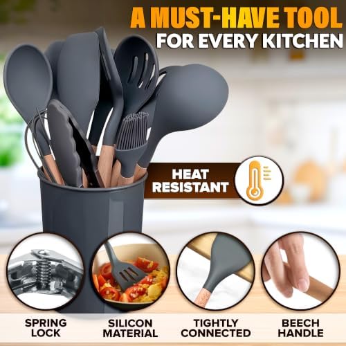 12 Pcs Gray Kitchen Utensils Set with Holder for Nonstick Cookware