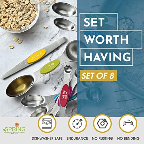 Spring Chef Magnetic Measuring Spoons Set of 8 for Kitchen, Multicolor