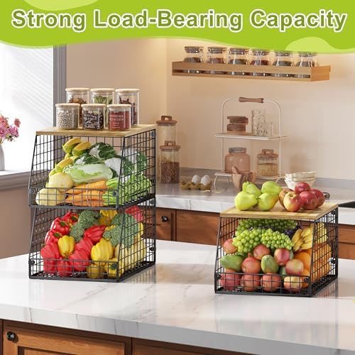 Jakyitvi 4 Pack Stackable Wire Baskets with Fixed Wooden Top, Vegetable Fruit Storage Bins for Onion Potato Snack, Pantry Baskets for Kitchen Cabinet Countertop, Pantry Organizers and Storage Rack