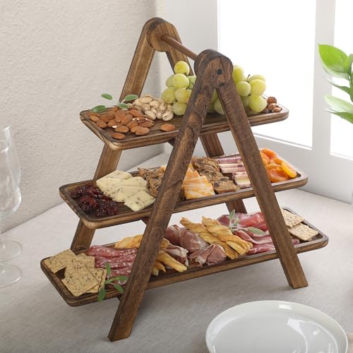 Gibson Home Truss Peak 3 Tier Serving Tray for Party, 18" Acacia Wood Cupcake/Charcuterie/Dessert Farmhouse Tiered Platters with Collapsible Wood Rack