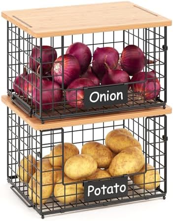 2-Pack Stackable Wire Baskets with 2 Pads & Bamboo Top, Pantry Organizer