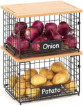 2-Pack Stackable Wire Baskets with 2 Pads & Bamboo Top, Pantry Organizer