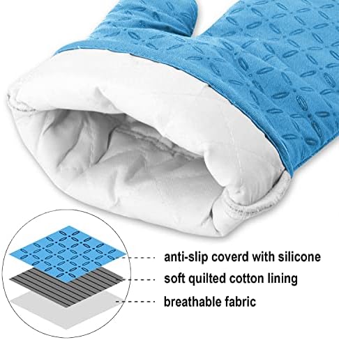 KEGOUU Oven Mitts and Pot Holders 6pcs Set, Kitchen Oven Glove High Heat Resistant 500 Degree Extra Long Oven Mitts and Potholder with Non-Slip Silicone Surface for Cooking (Sky Blue)