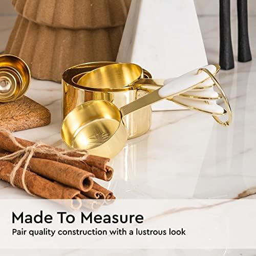 White and Gold Measuring Cups and Spoons Set – 8-Piece Stackable Stainless Steel Measuring Set – Stylish Gold Kitchen Accessories for Precise Baking and Cooking, Ideal Gift for Bakers and Chefs