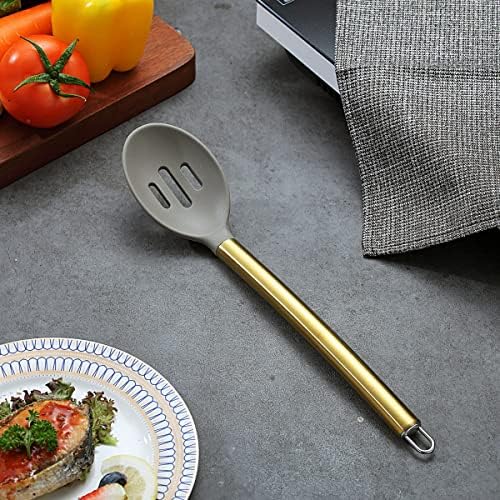 Berglander Non-stick Silicone Slotted Spoon, Titanium Gold Plated Handle, Basting Spoon, Dishwasher Safe, Easy to Clean