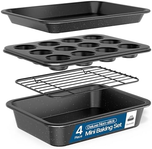 Bakken 4-Piece Bakeware Sets, Nonstick Carbon Steel Baking Sheet, Stackable Space-Saving Bakeware, Dishwasher Safe, Stain-resistant, PFOA, PFOS, & PTFE Free, Oven Safe Up To 450°F, Gray Marble