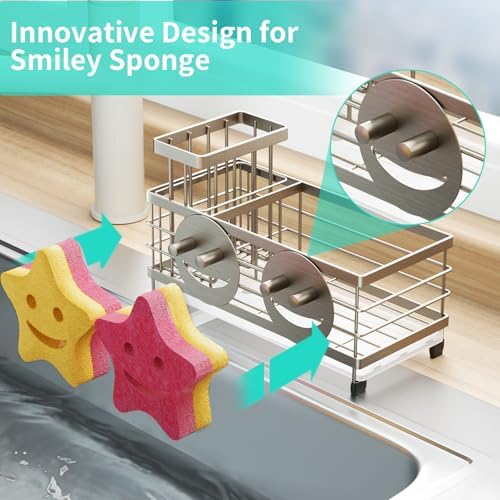 HapiRm Sink Caddy Sponge Holder - Self-draining Kitchen Sink Organizer with Smiley Face and Brush Holder, Stainless Steel Kitchen Sponge Caddy for Countertop - Brushed Nickel