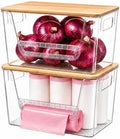 2 Pack Pantry Organizer and Storage with Bamboo Lid, Stackable Trash Bag Dispenser Under Sink Organizer for 4-33 Gal Bags, Pantry Organizers Storage for Onion, Potato, Fruit, Vegetable, Snack