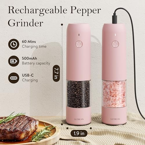 Ultrean Electric Salt and Pepper Grinder Set, Rechargeable,Pink