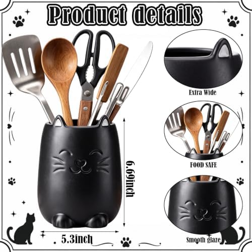 Yungyan Ceramic Black Cat Utensil Holder for Kitchen