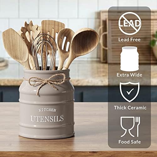 Barnyard Designs Ceramic Kitchen Utensil Holder Countertop 6.75″ (Taupe)