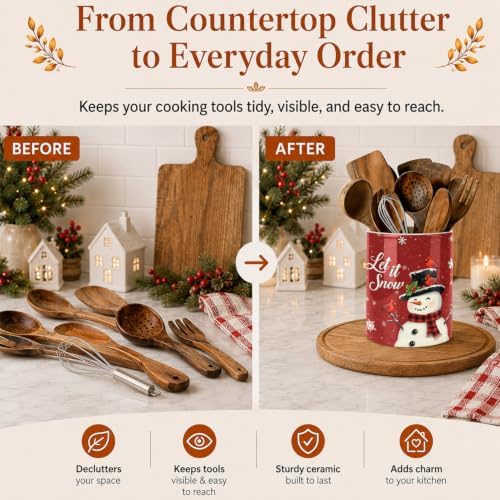 Christmas Snowman Kitchen Utensil Holder, Let It Snow Large Ceramic Utensil Holder For Countertop Organizer, 6.3'' Winter Cooking Utensil Crocks Festivel Decor Utensil Storage Cup for Kitchen