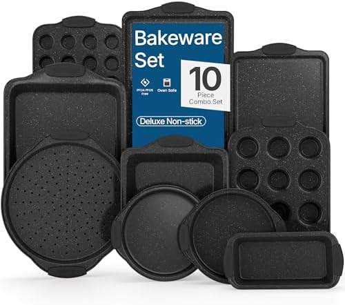 BAKKEN Kitchen Baking Pan Set - Nonstick Coating, Carbon Steel Bakeware Sets with Gray Silicone Handles, Baking Kitchen Essentials, PFOA, PFOS, PTFE Free, Oven Safe Tray (Up To 450° F), Set of 10