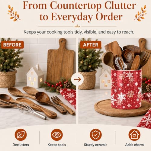 Christmas Snowflake Red Kitchen Utensil Holder, Xmas Winter Large Ceramic Utensil Holder For Countertop Organizer, 6.3'' Cooking Utensil Crocks Festivel Decor Utensil Storage Cup for Kitchen