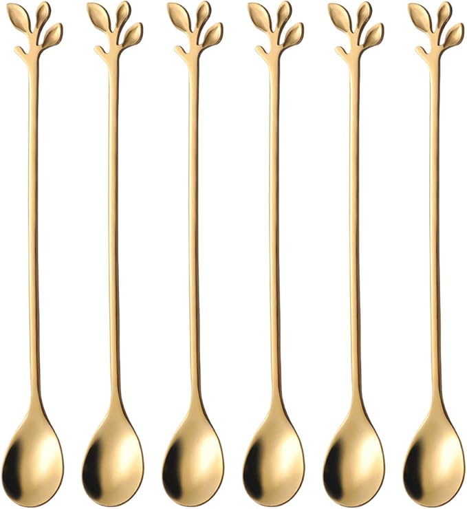 AnSaw 6-Piece Elegant Gold Leaf Long Handle Teaspoons by AnSaw