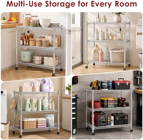 Heavy Duty 3-Shelf Shelving Unit, 24.02" W x 13.78" D x 21.97" H Chrome Steel Storage Rack with Wheels, 2 PP Shelf Liners and Hooks, Adjustable Under Desk Organizer for Kitchen, Office, Garage