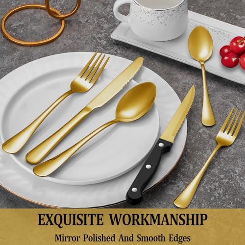 24 Pcs Gold Silverware Set with Steak Knives, Stainless Steel Flatware Cutlery Set for 4, Kitchen Tableware Sets, Utensil Sets for Home and Restaurant, Dishwasher Safe