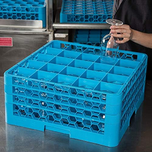 Carlisle FoodService Products OptiClean 25-Compartment Glass Racks With 3 Extenders for 3.19" Cups – Glass Racks for Restaurants Scratch-Resistant Texture, Blue